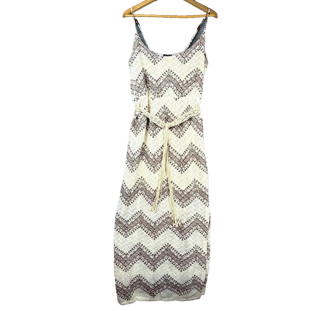 Venus Maxi Dress Womens Large Cream Brown Chevron Crochet Knit Boho Beachy‎ Chic
